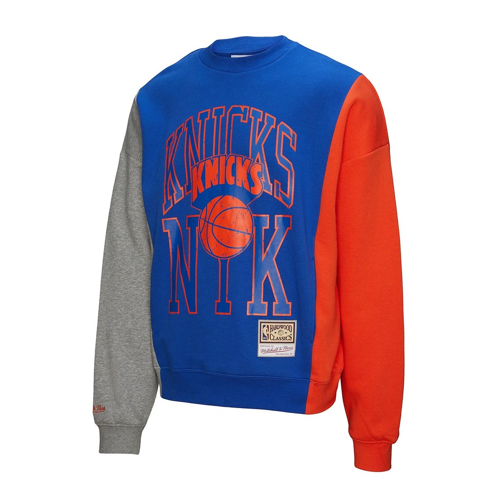 New York Knicks Mitchell & Ness Unisex Hardwood Classics Split 3 Pullover Sweatshirt - Blue